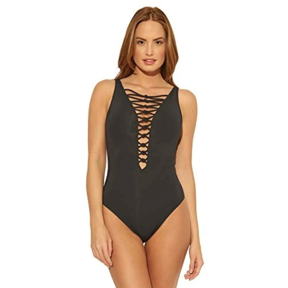 AQUA GREEN Lace Up One Piece Swimsuit in Black - Picture 3 of 13